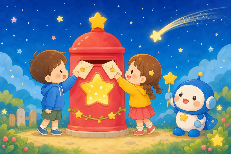 星のポストに手紙を入れる子どもたちとロボットのマスコットのイラスト