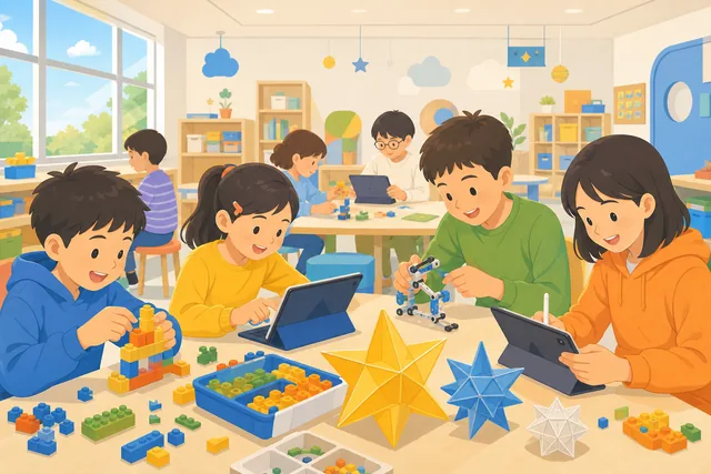 ブロックとタブレットでものづくりに夢中になる小中学生のイラスト