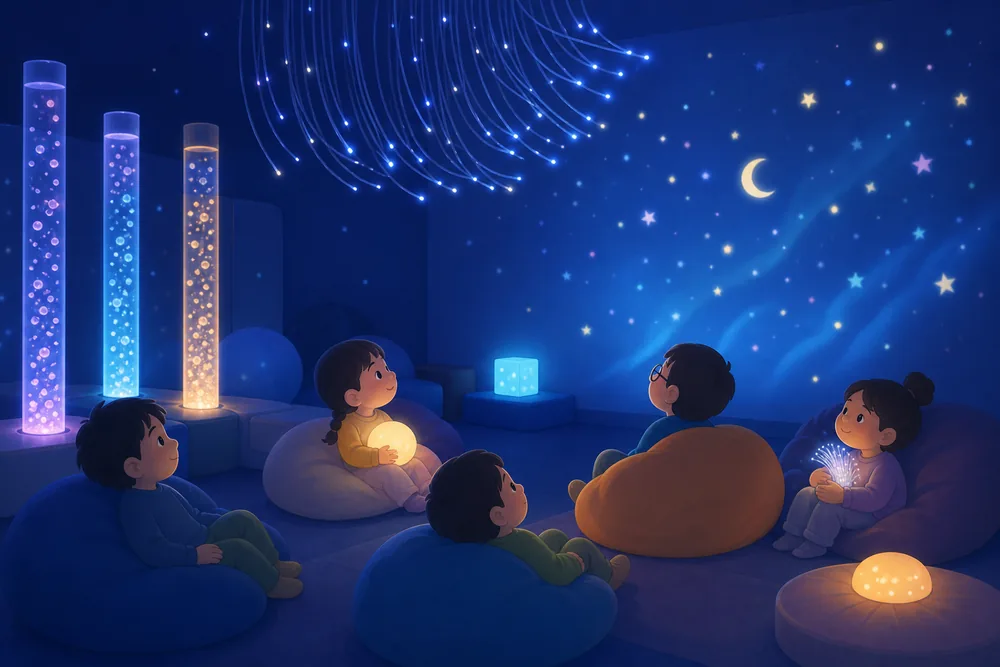 やわらかく光るバブルチューブと光ファイバーの中で、子どもがゆったり過ごすスヌーズレンルームのイラスト